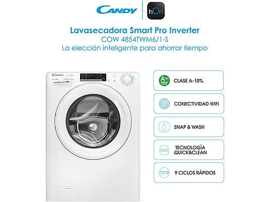 Lavadora secadora - Candy Smart Pro Inverter COW 4854TWM6/1-S, 8 kg/5 kg, 1400 rpm, 16 programas, Wi-Fi, A-10% en Lavado, Blanco