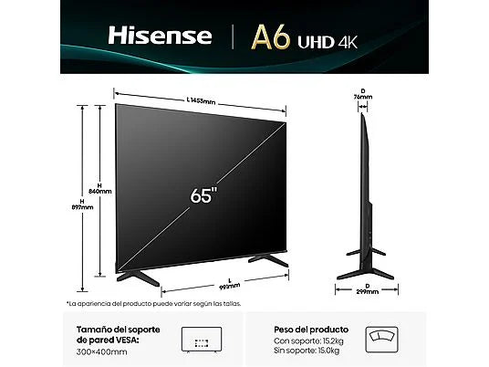 TV LED 65" - Hisense 65A6Q, UHD 4K, Quad Core/MT9603, IA 4K Upscaler, Modo Juego Plus, Control por voz, Negro