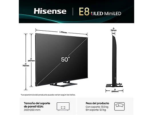 TV Mini LED 50 - Hisense 50E8Q, UHD 4K, 144 Hz, Hi-View Engine, Escalador HDR IA, Subwoofer integrado, Negro