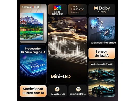 TV Mini LED 50 - Hisense 50E8Q, UHD 4K, 144 Hz, Hi-View Engine, Escalador HDR IA, Subwoofer integrado, Negro