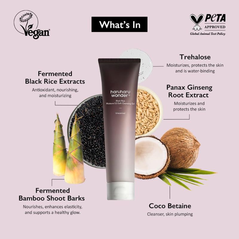 haruharu wonder Black Rice Moisture 5.5 Soft Cleansing Gel – Gentle Face Wash for Dry to Normal Skin, Low 5.5pH, Soap Free, Hydrating