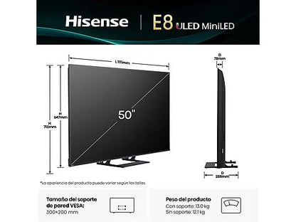 TV Mini LED 50 - Hisense 50E8Q, UHD 4K, 144 Hz, Hi-View Engine, Escalador HDR IA, Subwoofer integrado, Negro