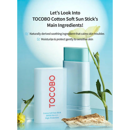 TOCOBO Cotton Soft Sun Stick SPF50+ PA++++ - 19g - Lightweight Sunscreen Stick for Face