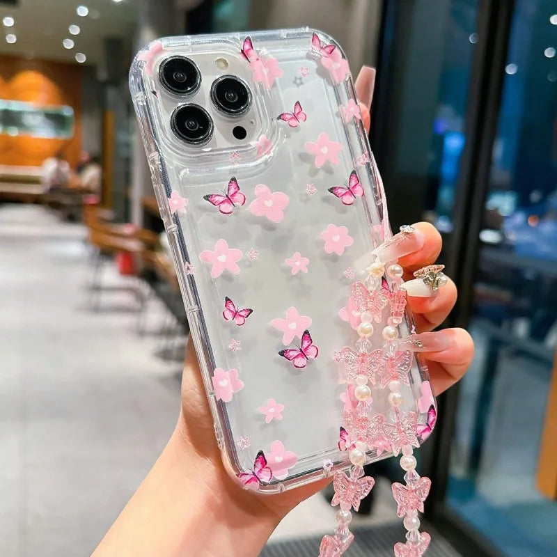 Cute Flower Butterfly Phone Case, Transparent Soft Case for iPhone 11 12 13 14 15 16  Pro Max 16E  Mobile Model
