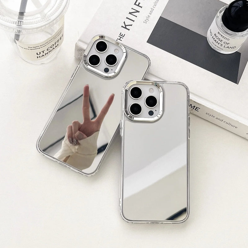 Luxury Makeup Mirror Phone Case for iPhone 16 15 14 13 12 11 Pro Max - Hard Acrylic Shockproof Bumper Cover
