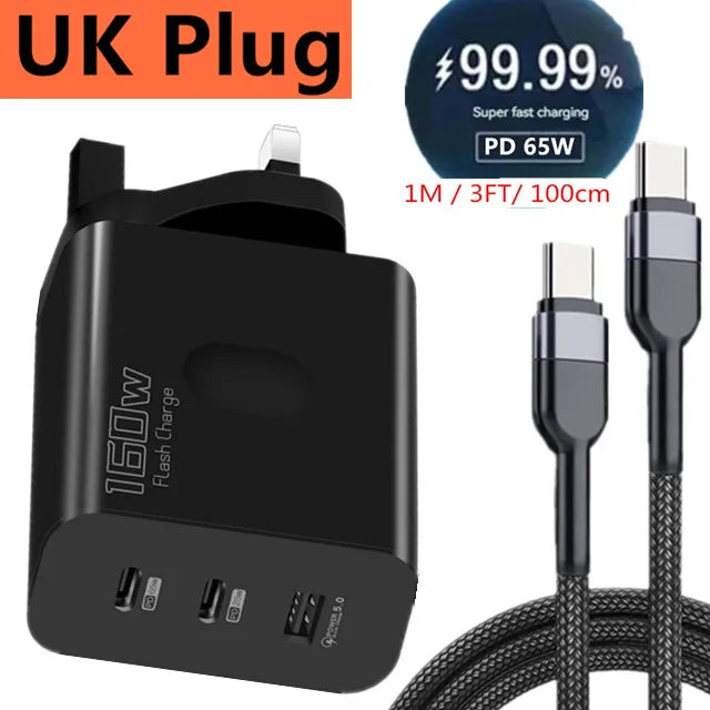 160W USB Type C Fast Charger with Quick Charge 3.0 for iPhone, Samsung, Xiaomi, Redmi, and OPPO