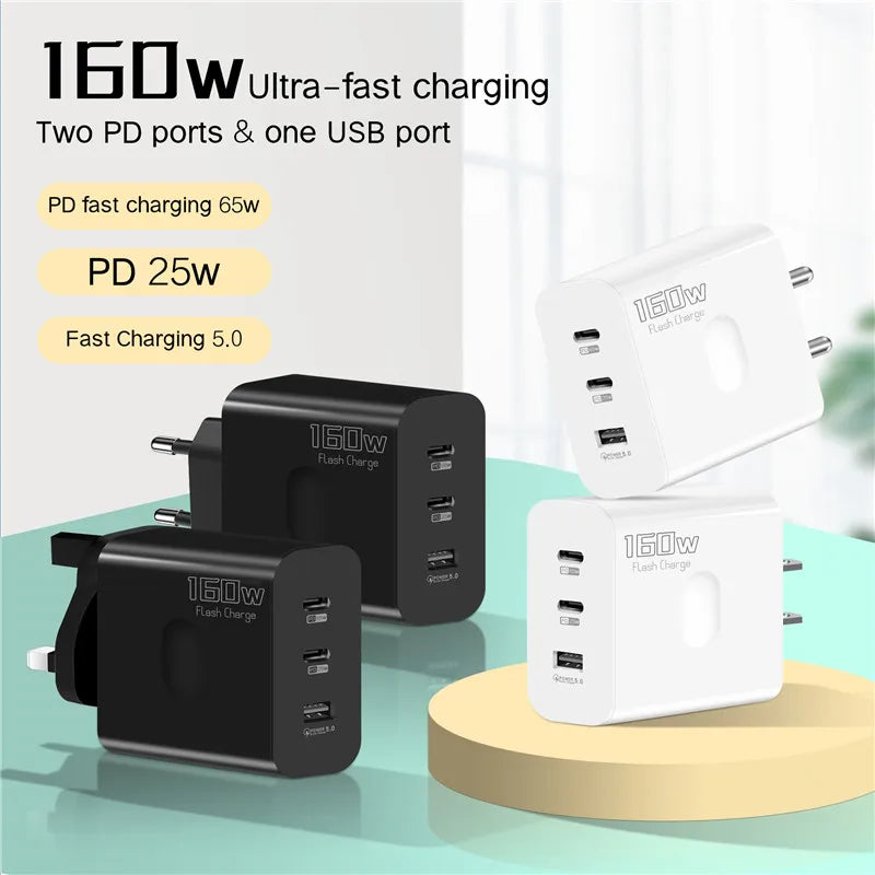 160W USB Type C Fast Charger with Quick Charge 3.0 for iPhone, Samsung, Xiaomi, Redmi, and OPPO