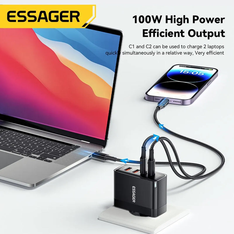 Essager 100W GaN USB Type C Car Charger for Quick Charge 4.0/3.0 - Fast Charging Solution for iPhone 14/13/12, Xiaomi, and MacBook