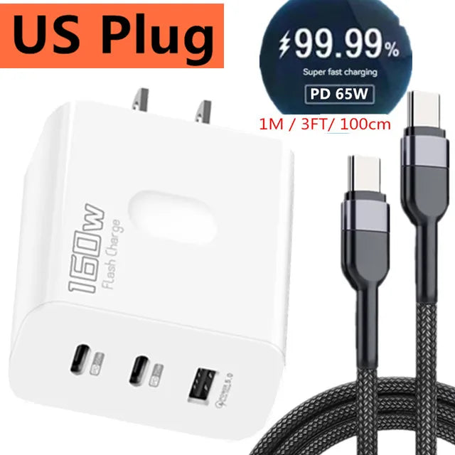 160W USB Type C Fast Charger with Quick Charge 3.0 for iPhone, Samsung, Xiaomi, Redmi, and OPPO