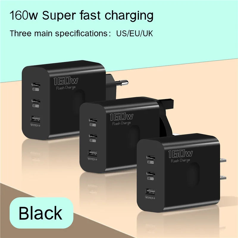 160W USB Type C Fast Charger with Quick Charge 3.0 for iPhone, Samsung, Xiaomi, Redmi, and OPPO