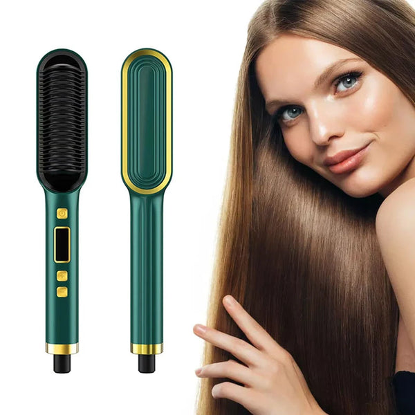 2-in-1 Electric Hair Straightening Comb with LCD Display and Curling Tool