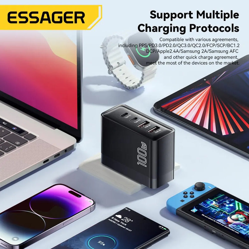 Essager 100W GaN USB Type C Car Charger for Quick Charge 4.0/3.0 - Fast Charging Solution for iPhone 14/13/12, Xiaomi, and MacBook