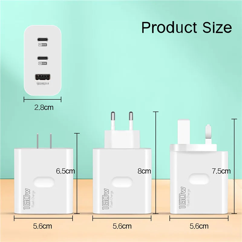160W USB Type C Fast Charger with Quick Charge 3.0 for iPhone, Samsung, Xiaomi, Redmi, and OPPO