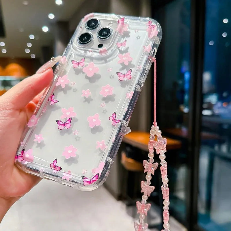 Cute Flower Butterfly Phone Case, Transparent Soft Case for iPhone 11 12 13 14 15 16  Pro Max 16E  Mobile Model
