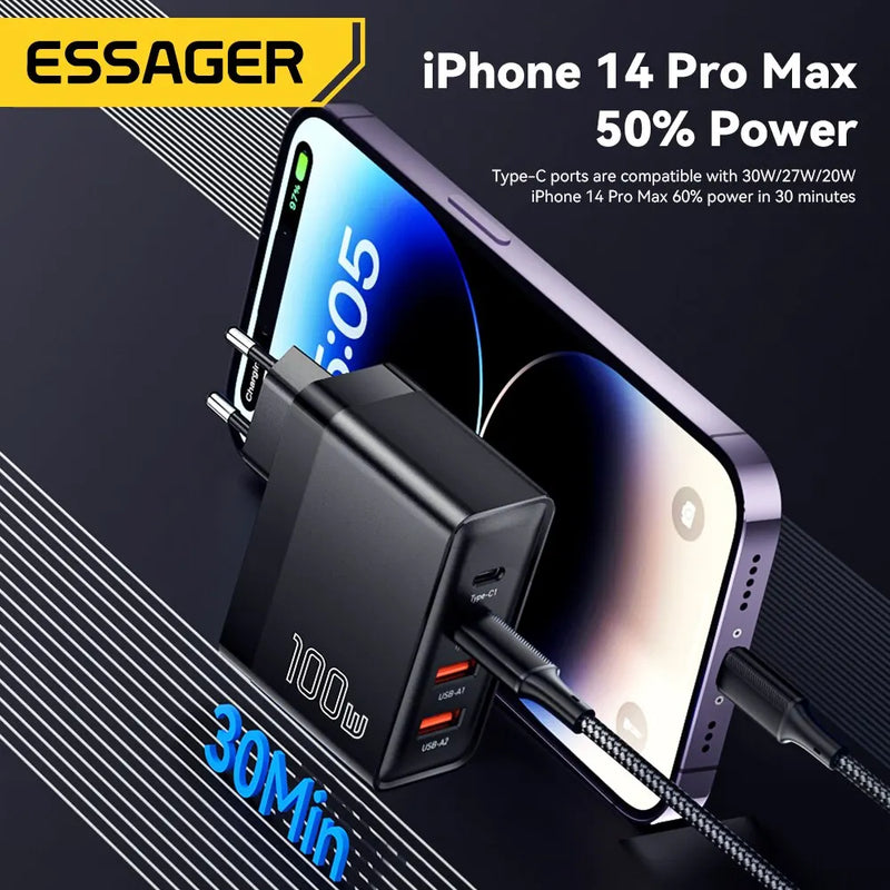 Essager 100W GaN USB Type C Car Charger for Quick Charge 4.0/3.0 - Fast Charging Solution for iPhone 14/13/12, Xiaomi, and MacBook